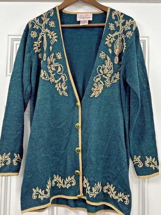 Jaclyn Smith Sweaters - Vintage Jaclyn Smith Green Metallic Beaded Embroidered Floral Cardigan Sweater M
